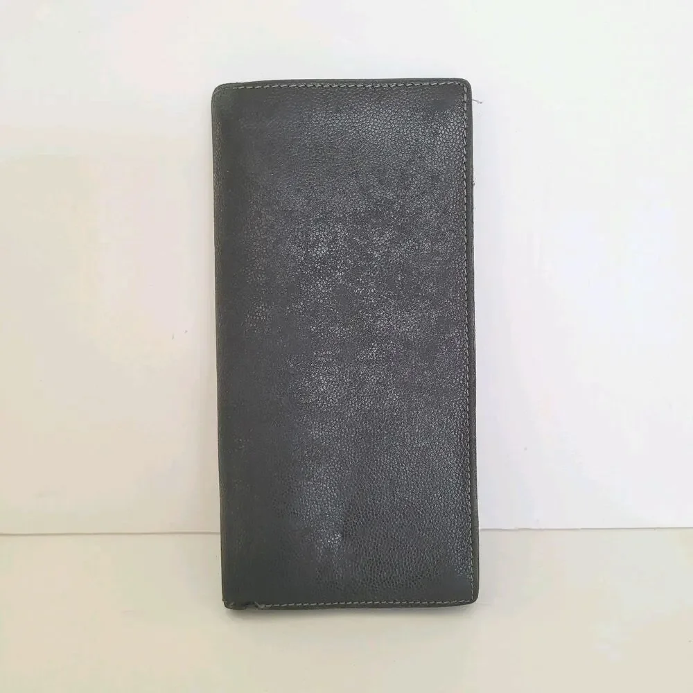 Cartier Santos Bifold Card Holder Checkbook Black Wallet Long Grain Leather